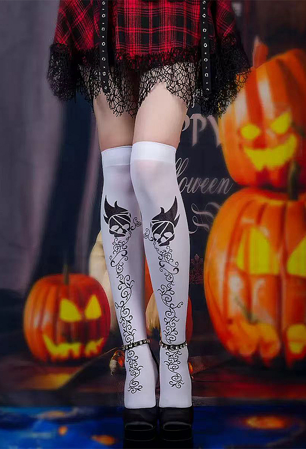 Halloween Gothic Rock Skull Vine Print Over-the-Knee Socks Dark Y2K Style Thigh-high Stockings