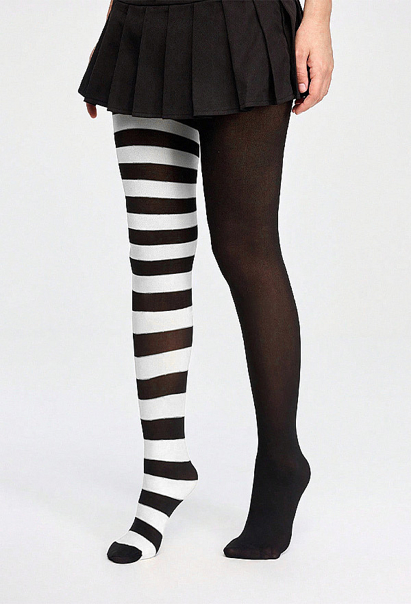 Halloween Gothic Asymmetrical Half and Half Tights Dark Punk Solid and Striped Mismatched Pantyhose