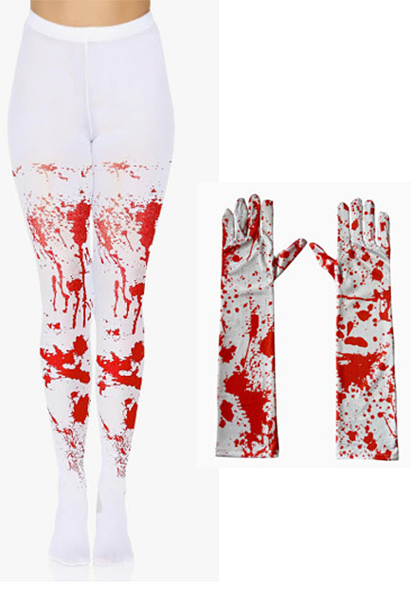 Halloween Gothic White Blood Splatter Print Pantyhose with Gloves