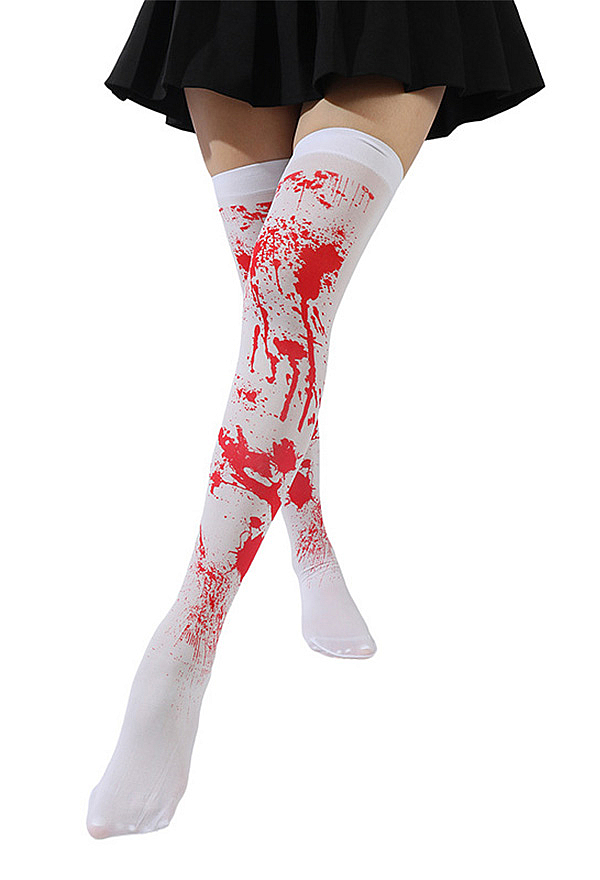 Halloween Gothic White Blood Splatter Print Pantyhose with Gloves