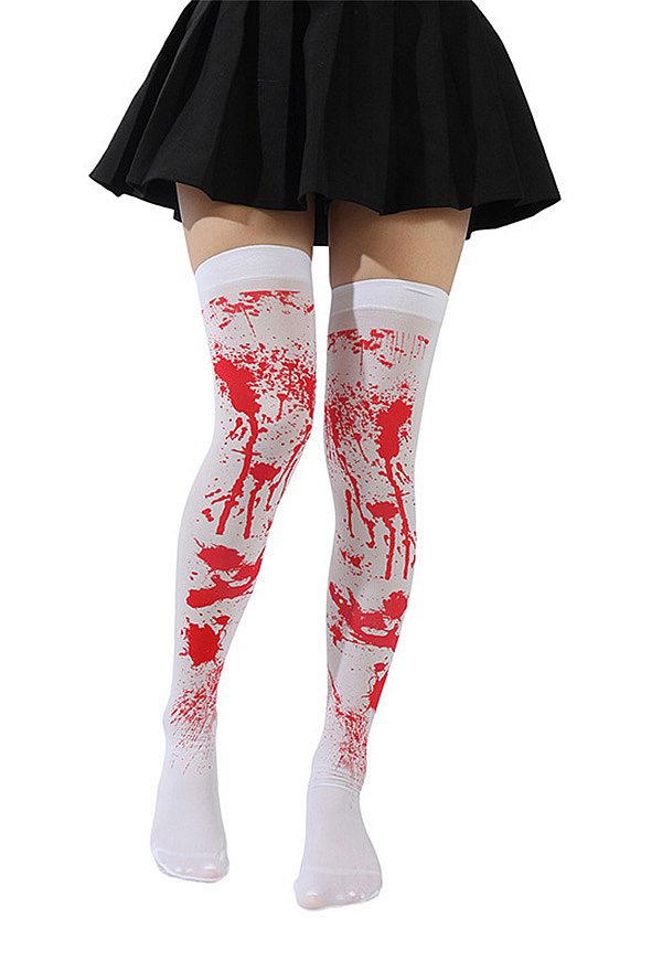 Halloween Gothic White Blood Splatter Print Pantyhose with Gloves