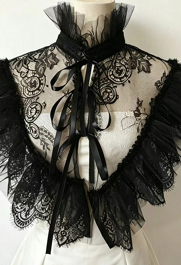 Victorian Gothic Black Lace Capelet with High Collar and Satin Ribbon Tie Ruffled Shoulder Wrap