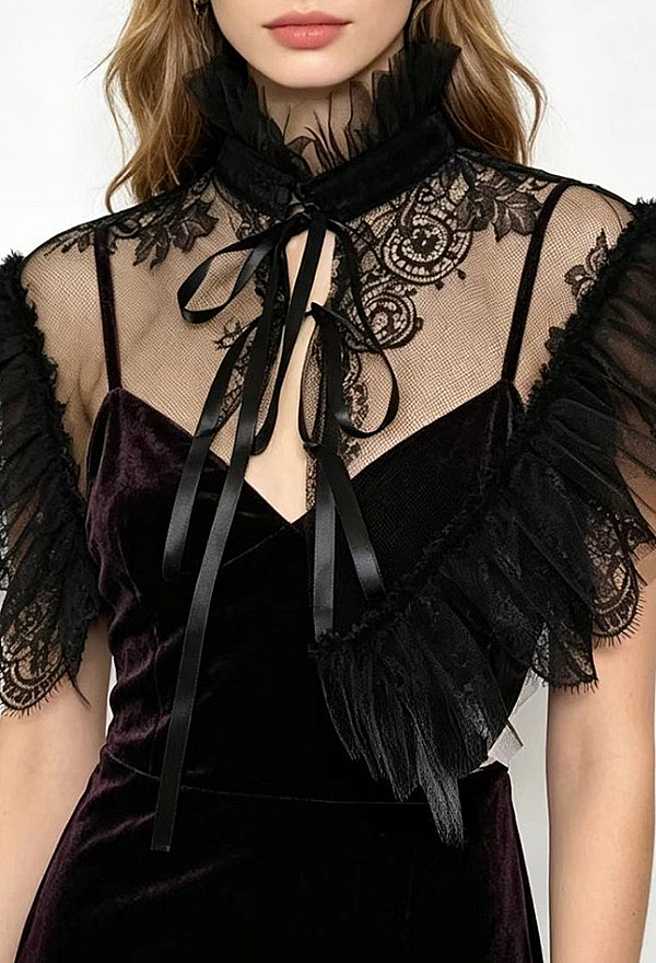Victorian Gothic Black Lace Capelet with High Collar and Satin Ribbon Tie Ruffled Shoulder Wrap
