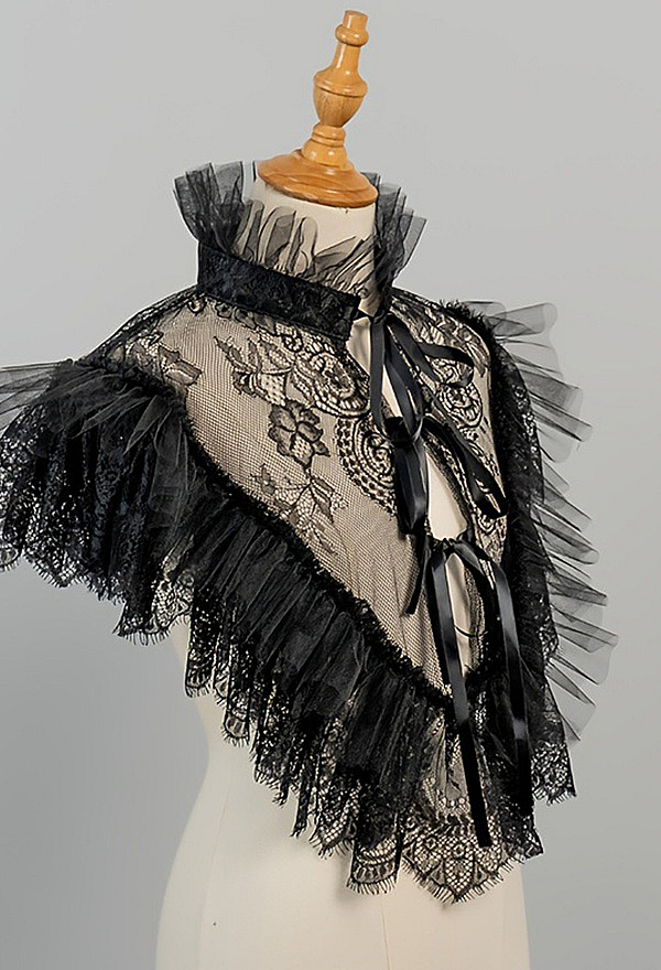 Victorian Gothic Black Lace Capelet with High Collar and Satin Ribbon Tie Ruffled Shoulder Wrap