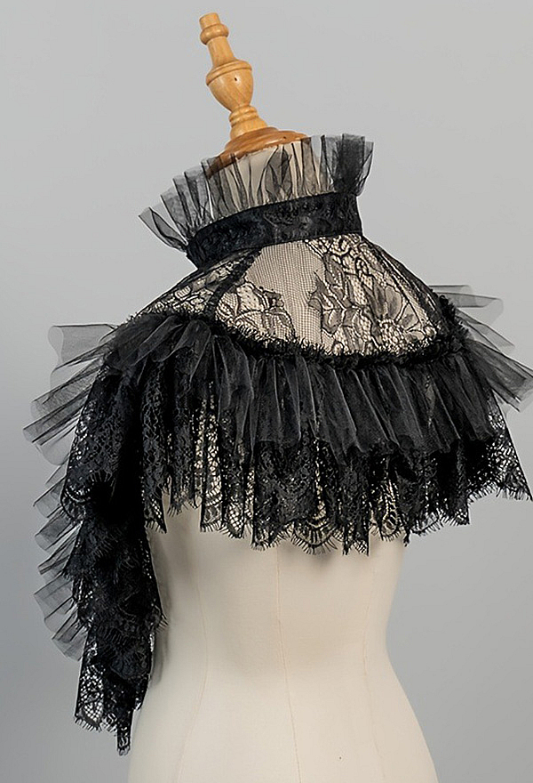 Victorian Gothic Black Lace Capelet with High Collar and Satin Ribbon Tie Ruffled Shoulder Wrap