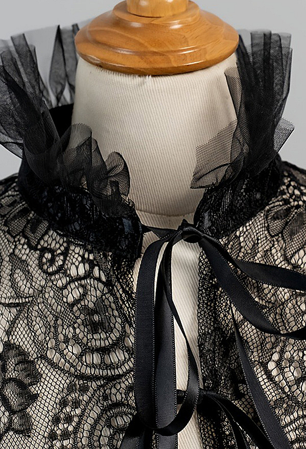 Victorian Gothic Black Lace Capelet with High Collar and Satin Ribbon Tie Ruffled Shoulder Wrap