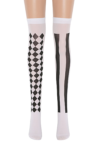 Cosplay Costume Halloween Gothic Asymmetrical Half and Half Over-the-Knee Socks Clown Socks Checkered and Striped Mismatched Thigh-high Stockings