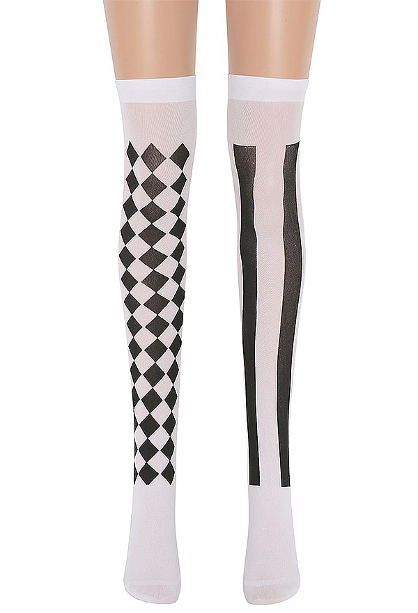 Cosplay Costume Halloween Gothic Asymmetrical Half and Half Over-the-Knee Socks Clown Socks Checkered and Striped Mismatched Thigh-high Stockings