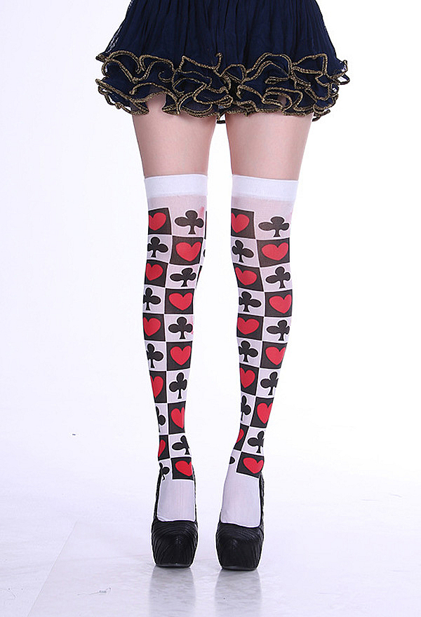 Halloween Heart and Club Print Over-the-Knee Socks Playing Card Pattern Thigh-High Socks