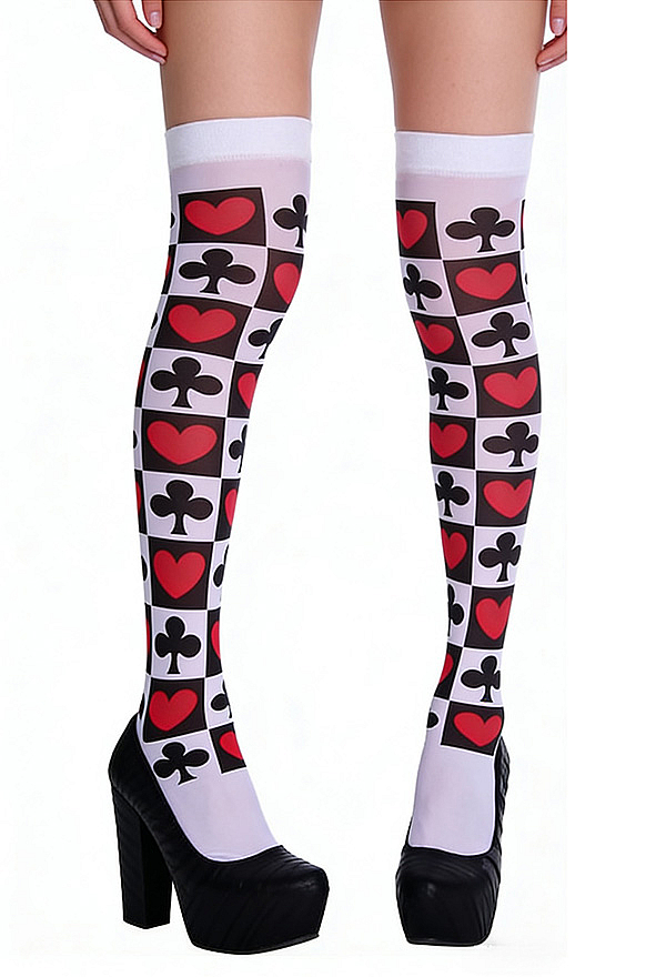 Halloween Heart and Club Print Over-the-Knee Socks Playing Card Pattern Thigh-High Socks
