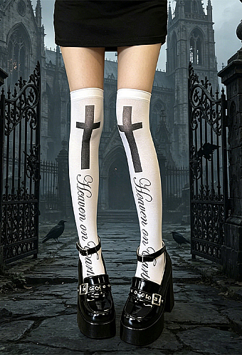 Halloween Gothic Cross Print Over-the-Knee Socks Dark Y2K Thigh-High Socks