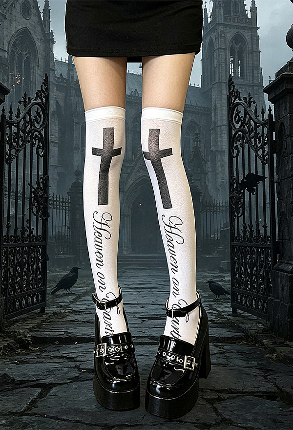 Halloween Gothic Cross Print Over-the-Knee Socks Dark Y2K Thigh-High Socks
