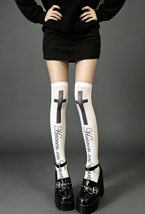 Halloween Gothic Cross Print Over-the-Knee Socks Dark Y2K Thigh-High Socks