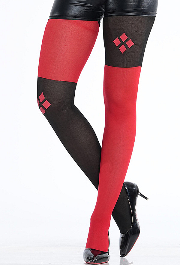 Jester Style Black and Red Tights Asymmetrical Block Pantyhose with Diamond Print