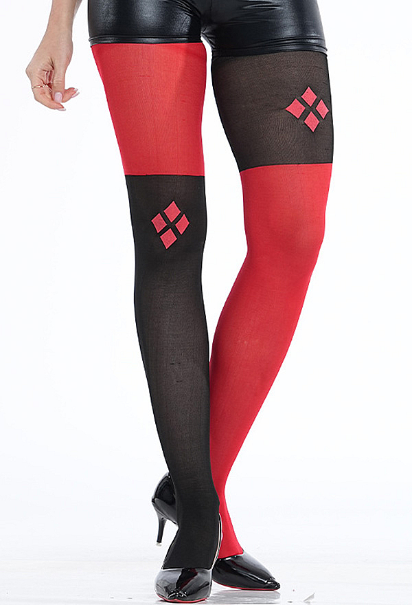 Jester Style Black and Red Tights Asymmetrical Block Pantyhose with Diamond Print