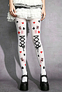 Alice in Wonderland Style White Tights with Playing Card Suits and Faux Lace-Up Bow Print