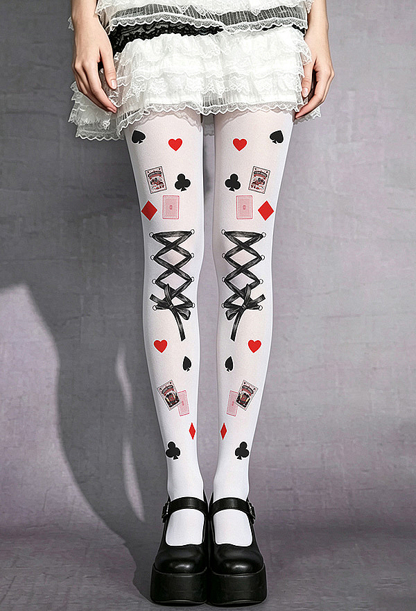 Alice in Wonderland Style White Tights with Playing Card Suits and Faux Lace-Up Bow Print