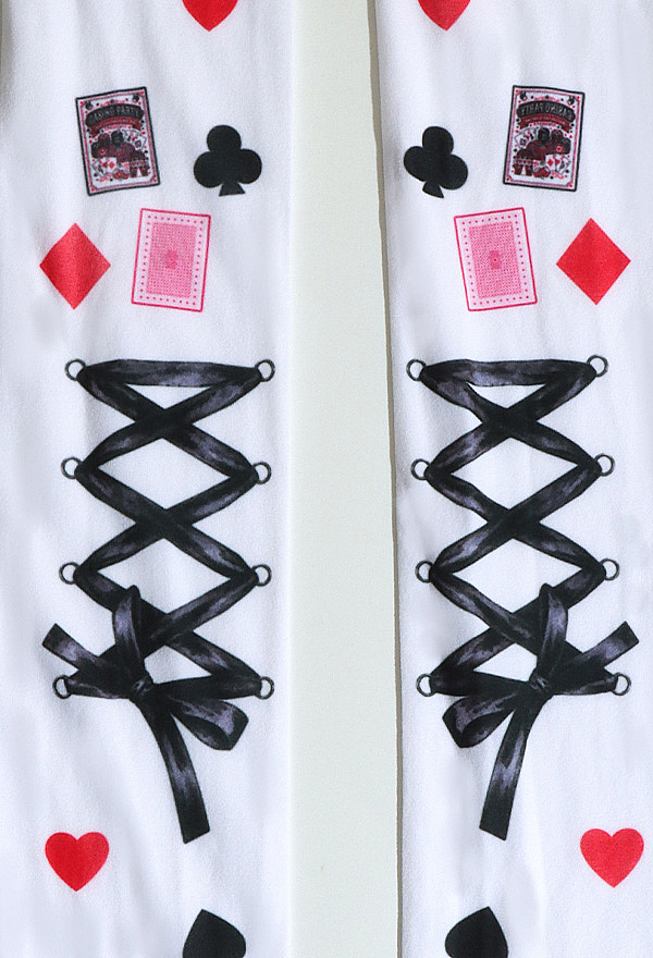 Alice in Wonderland Style White Tights with Playing Card Suits and Faux Lace-Up Bow Print
