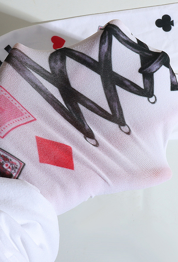 Alice in Wonderland Style White Tights with Playing Card Suits and Faux Lace-Up Bow Print