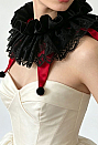 Gothic Jester Ruff Collar Black and Red Layered Neck Collar with Lace Trim and Pom-Pom