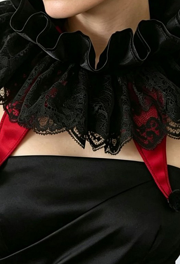 Gothic Jester Ruff Collar Black and Red Layered Neck Collar with Lace Trim and Pom-Pom