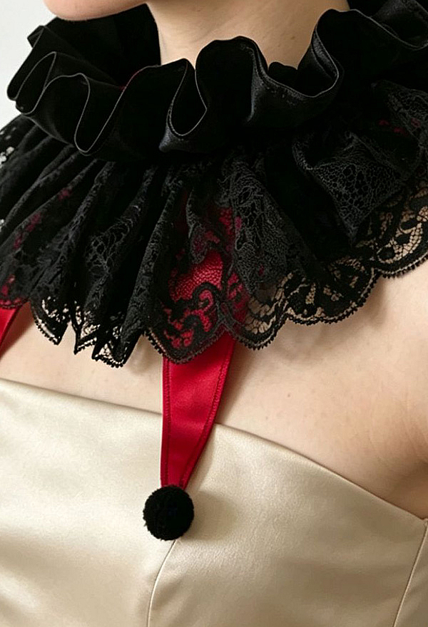 Gothic Jester Ruff Collar Black and Red Layered Neck Collar with Lace Trim and Pom-Pom