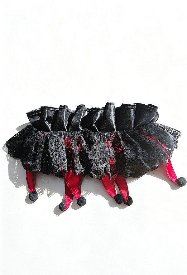 Gothic Jester Ruff Collar Black and Red Layered Neck Collar with Lace Trim and Pom-Pom