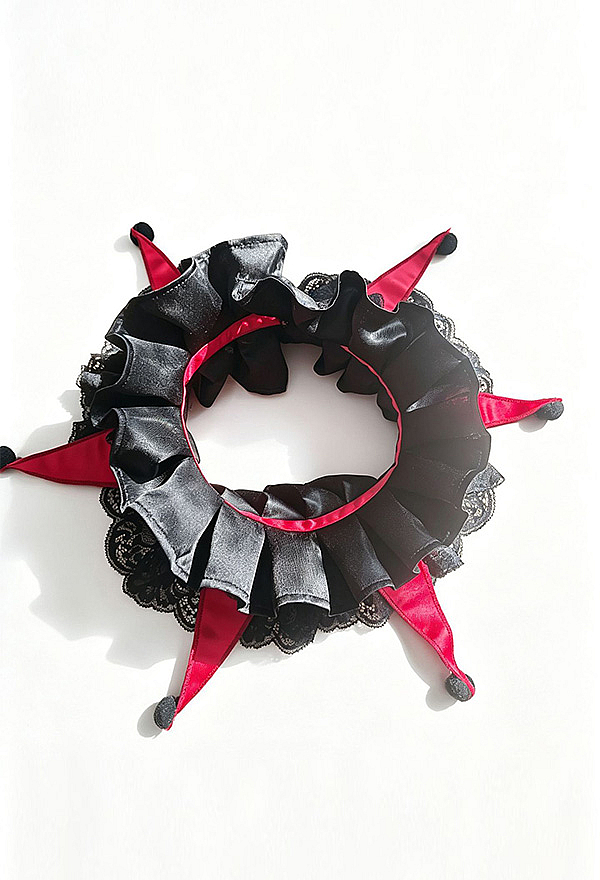 Gothic Jester Ruff Collar Black and Red Layered Neck Collar with Lace Trim and Pom-Pom