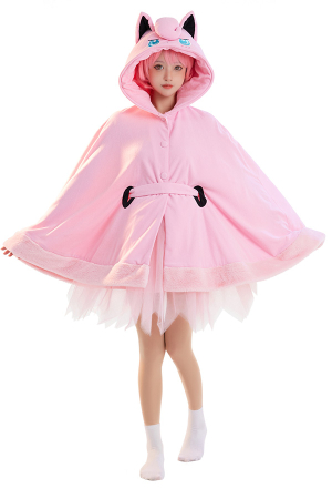 Angry Expression Kawaii Pink Short Cloak Hooded Plush Cape and Tulle Skirt with Belt