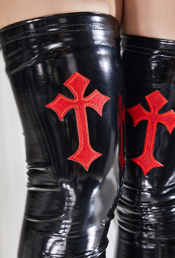 Gothic Nun Style Thigh High Stockings Black PU Leather Red Cross Pattern Over Knee Stockings 1 Pair Gothic Nun Style Thigh High Stockings Black PU Leather Red Cross Pattern Over Knee Stockings 1 Pair