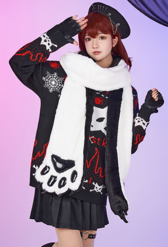 Gothic Emo Girl Black White Plush Cat Paw Design Long Scarf for Autumn Winter