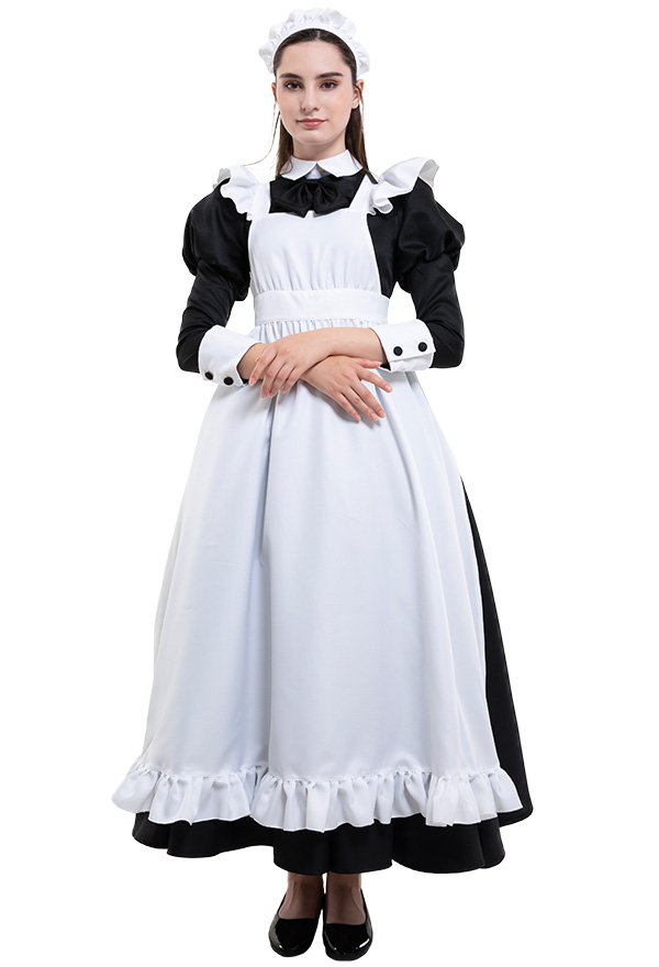 Gothic Victorian Fancy Maid Dress Retro Style Black and White Ruffle Decorated Servant Long Dress Halloween Costume Gothic Victorian Fancy Maid Dress Retro Style Black and White Ruffle Decorated Servant Long Dress Halloween Costume