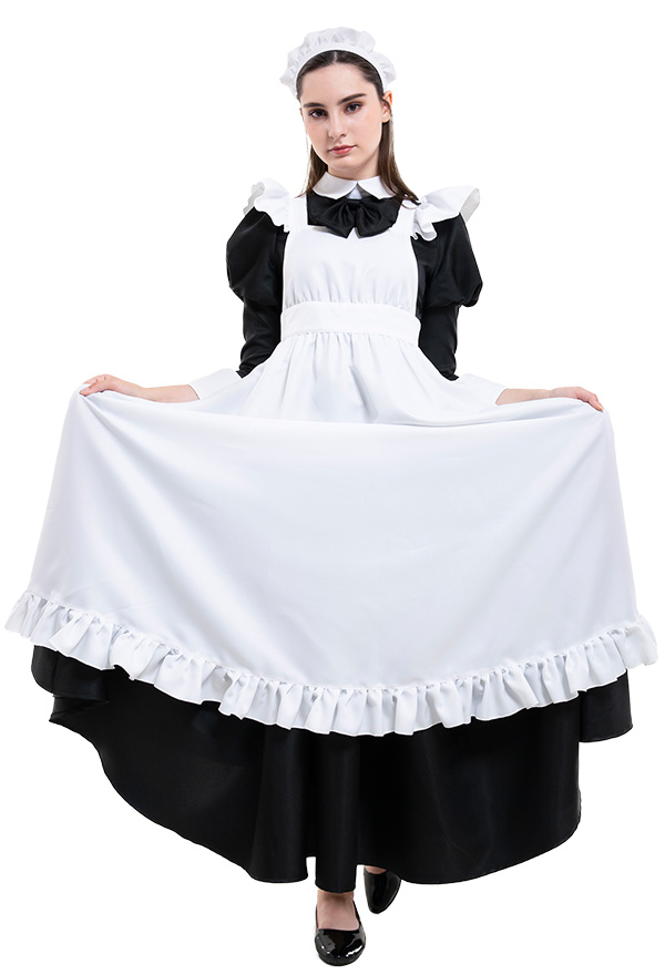 Gothic Victorian Fancy Maid Dress Retro Style Black and White Ruffle Decorated Servant Long Dress Halloween Costume Gothic Victorian Fancy Maid Dress Retro Style Black and White Ruffle Decorated Servant Long Dress Halloween Costume