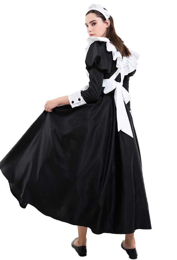 Gothic Victorian Fancy Maid Dress Retro Style Black and White Ruffle Decorated Servant Long Dress Halloween Costume Gothic Victorian Fancy Maid Dress Retro Style Black and White Ruffle Decorated Servant Long Dress Halloween Costume