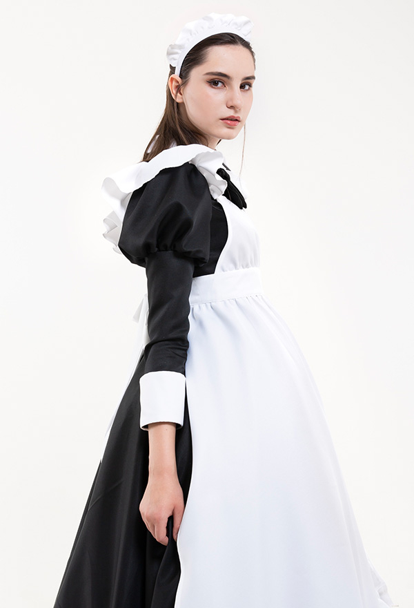 Gothic Victorian Fancy Maid Dress Retro Style Black and White Ruffle Decorated Servant Long Dress Halloween Costume Gothic Victorian Fancy Maid Dress Retro Style Black and White Ruffle Decorated Servant Long Dress Halloween Costume