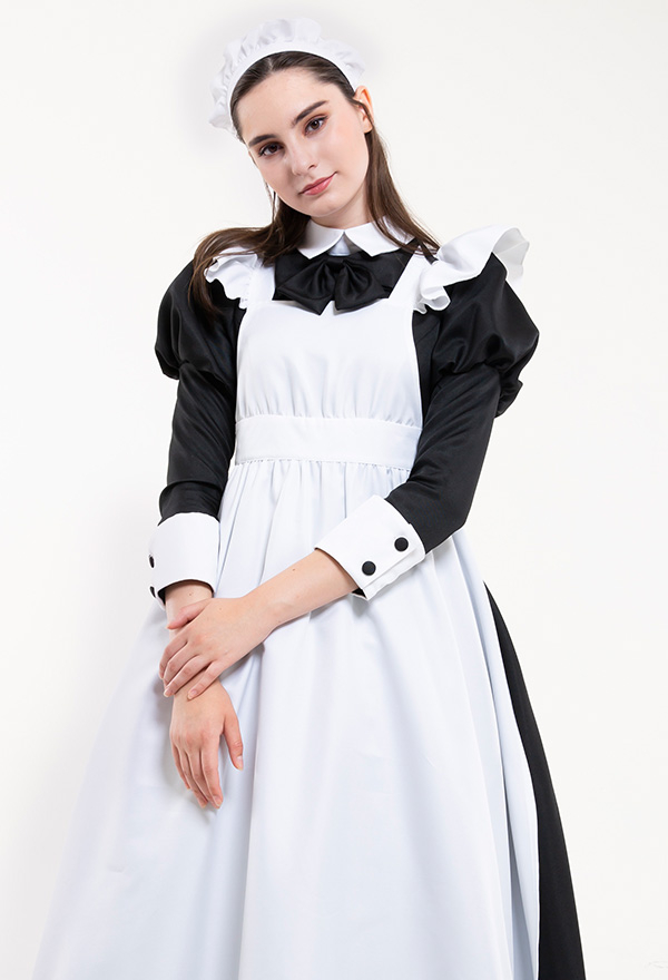 Gothic Victorian Fancy Maid Dress Retro Style Black and White Ruffle Decorated Servant Long Dress Halloween Costume Gothic Victorian Fancy Maid Dress Retro Style Black and White Ruffle Decorated Servant Long Dress Halloween Costume