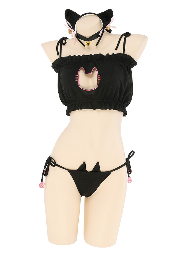 Kawaii Cat Girl Lingerie Set Black Sexy Soft Fabric Two Piece Bikini Set