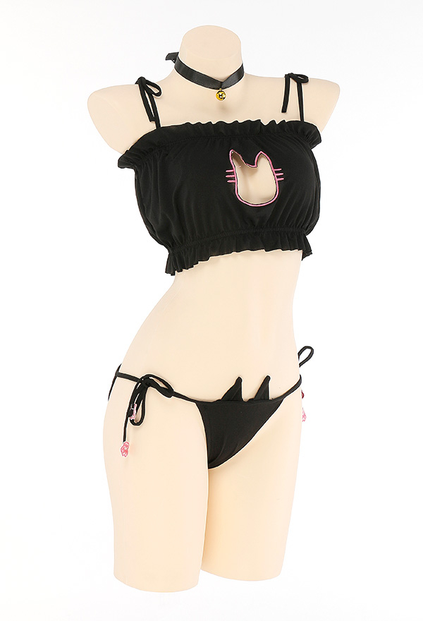 Kawaii Cat Girl Lingerie Set Black Sexy Soft Fabric Two Piece Bikini Set