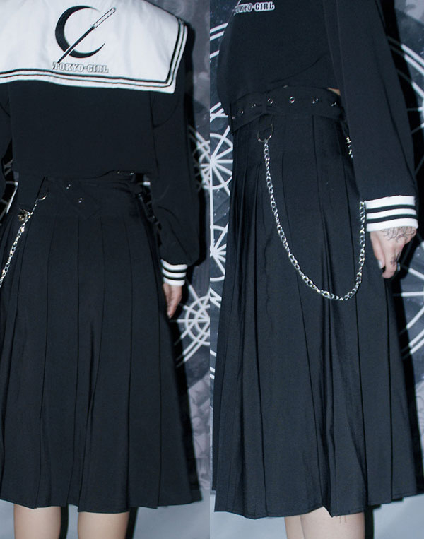Gothic Irregular Pleated Skirt Black Polyester Chain Skirt