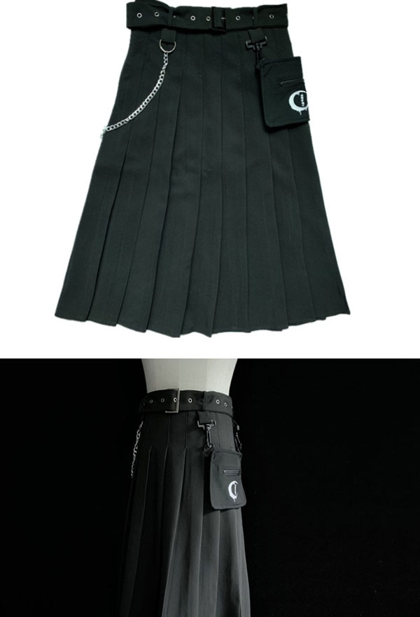 Gothic Irregular Pleated Skirt Black Polyester Chain Skirt