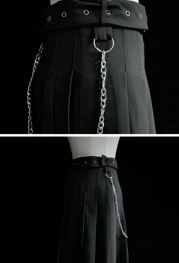 Gothic Irregular Pleated Skirt Black Polyester Chain Skirt