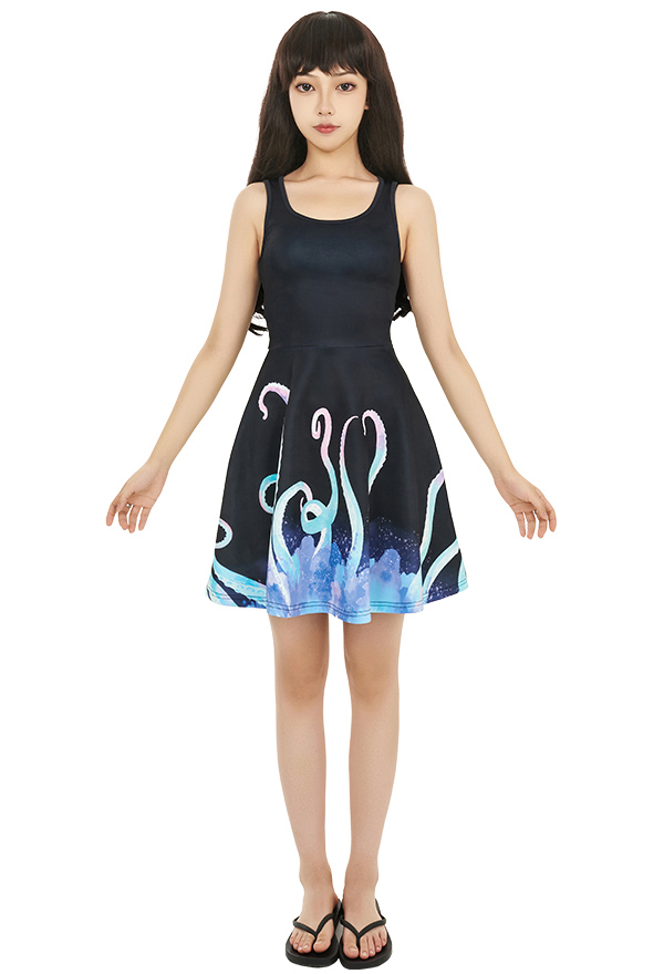 Women Gothic Black Pastel Tentacle Print Tank Dress for Summer Women Gothic Black Pastel Tentacle Print Tank Dress for Summer
