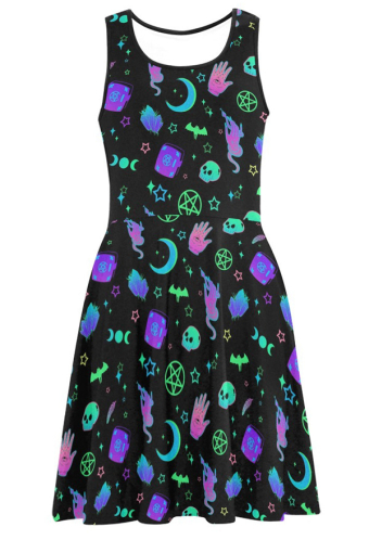 Women Halloween Gothic Black Cyber Witch Print Tank Dress