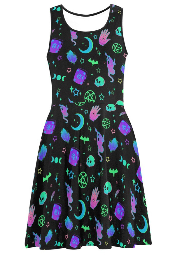 Women Halloween Gothic Black Cyber Witch Print Tank Dress