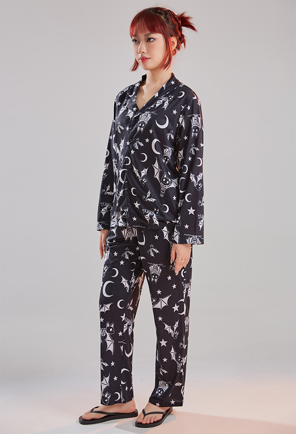 Women Halloween Gothic Black Punk Skeleton Bat Pajama Set
