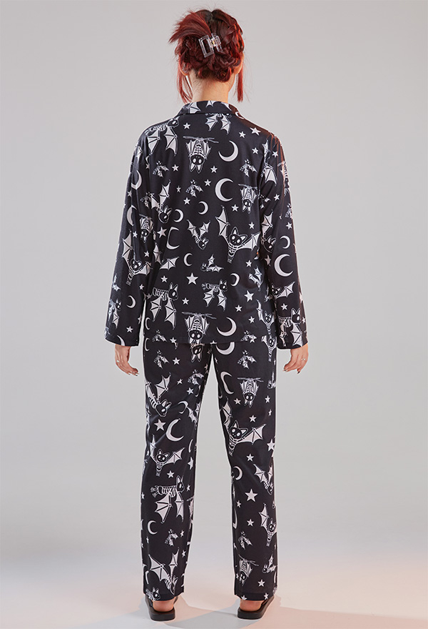 Women Halloween Gothic Black Punk Skeleton Bat Pajama Set