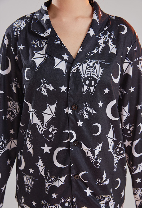Women Halloween Gothic Black Punk Skeleton Bat Pajama Set