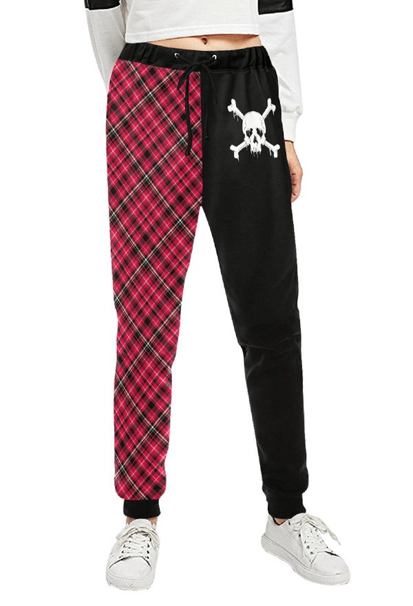 Women Halloween Gothic Black Red Plaid Skeleton Track Pants