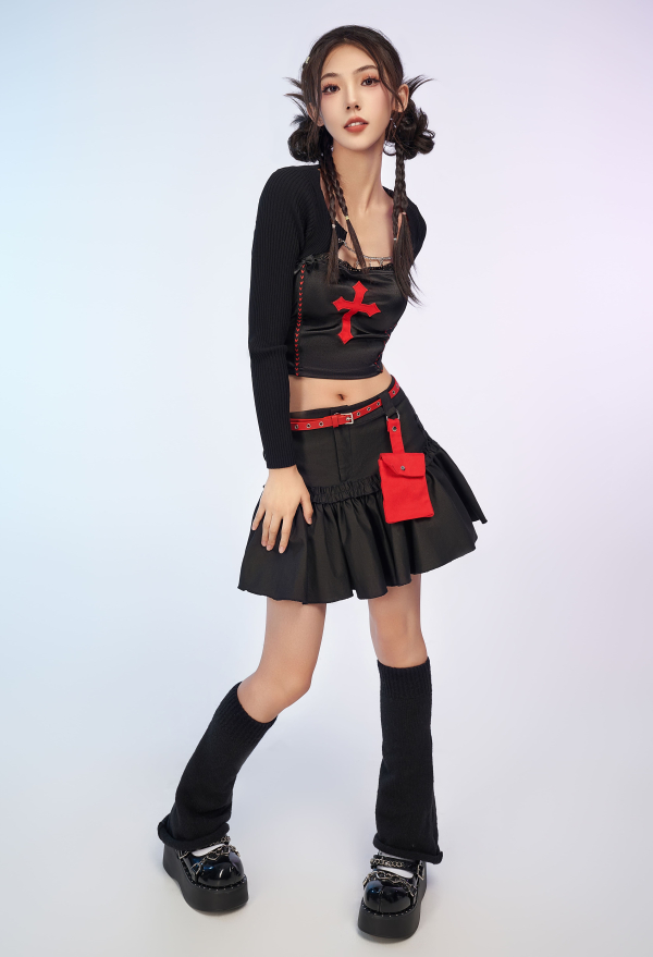 Gothic Black Fitted Knit Cardigan Grunge Style Outwear Crop Top with Chains