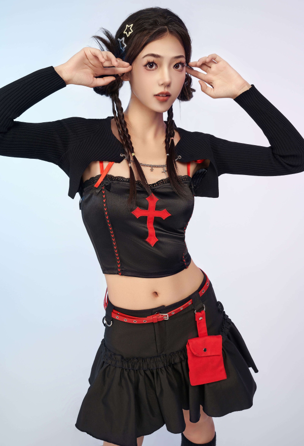Gothic Black Fitted Knit Cardigan Grunge Style Outwear Crop Top with Chains